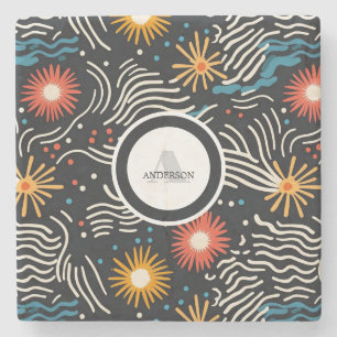 Vibrant Abstract Floral Waves on Black Stone Coaster