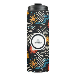 Vibrant Abstract Floral Waves on Black Thermal Tumbler