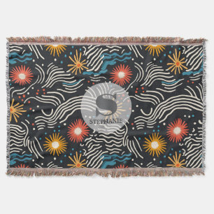 Vibrant Abstract Floral Waves on Black Throw Blanket