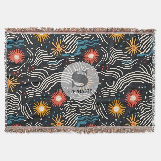 Vibrant Abstract Floral Waves on Black Throw Blanket (Front)