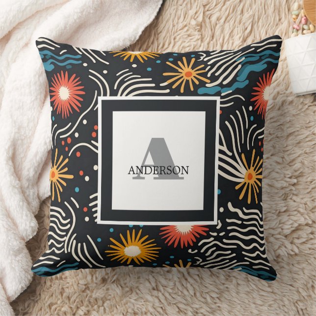 Vibrant Abstract Floral Waves on Black Throw Pillow (Blanket)
