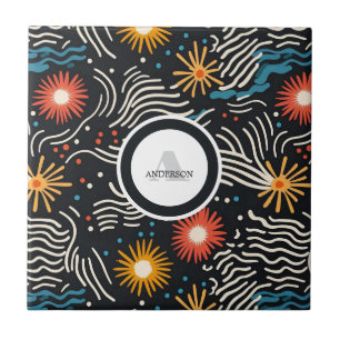 Vibrant Abstract Floral Waves on Black Tile