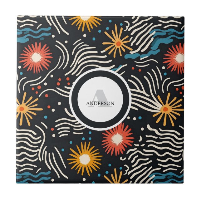 Vibrant Abstract Floral Waves on Black Tile (Front)