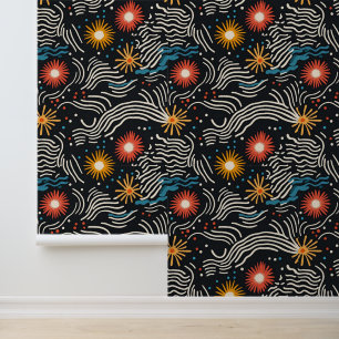Vibrant Abstract Floral Waves on Black Wallpaper