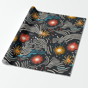Vibrant Abstract Floral Waves on Black Wrapping Paper