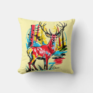 Vibrant Abstract Forest Deer Contemporary Fine Art Throw Pillow