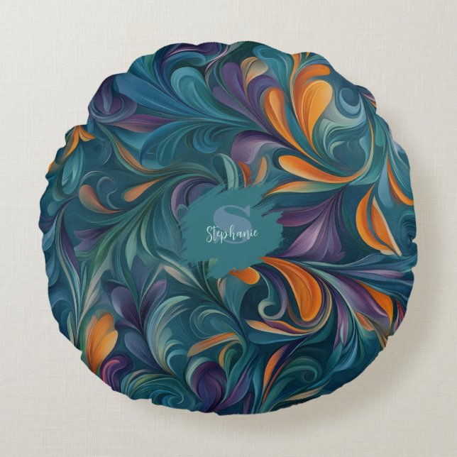 Vibrant Abstract Paisley-Inspired Pattern (2) Round Pillow (Front)