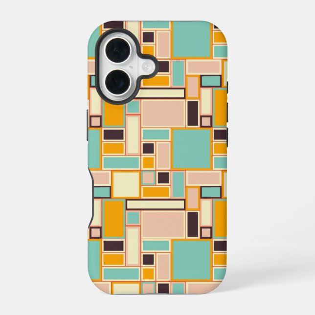 Vibrant abstract pattern with rectangles iPhone 16 case (Back)