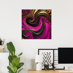 Vibrant Abstract Pink Black Gold Swirl Canvas Poster