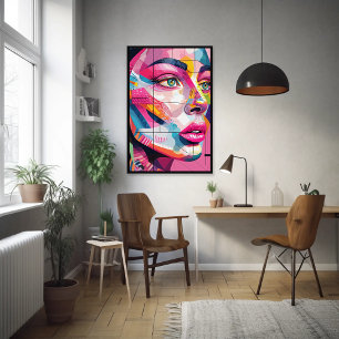 Vibrant Abstract Portrait Women's Face Pink Black Photo Print