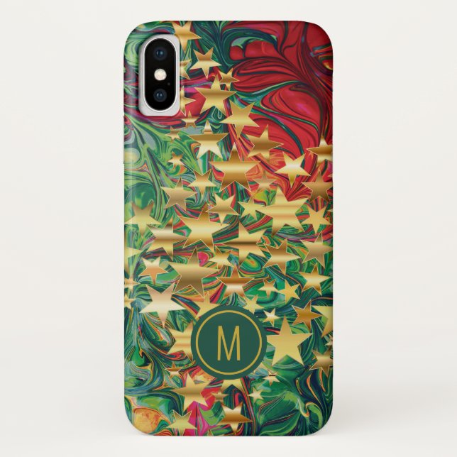 Vibrant Abstract Red Green Gold Stars Monogram Case-Mate iPhone Case (Back)