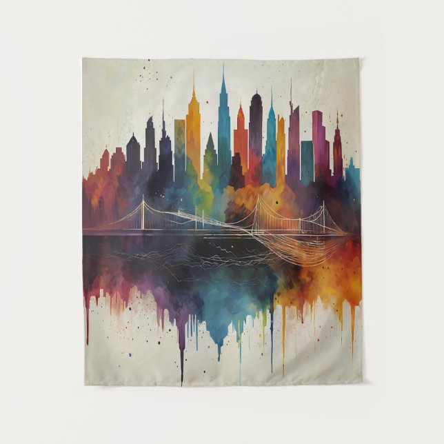 Vibrant Abstract Skyline Cityscape Art Tapestry (Front)