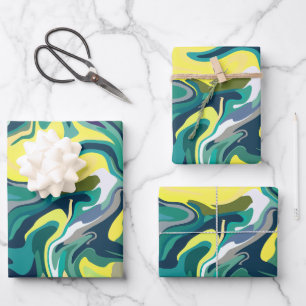 Vibrant Abstract Swirls in Yellow and Green Wrapping Paper Sheet