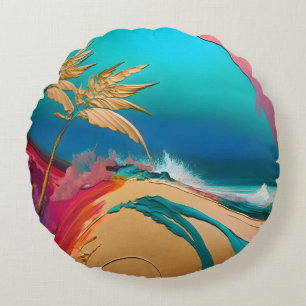 Vibrant Abstract Tropical Beach Scene Round Pillow