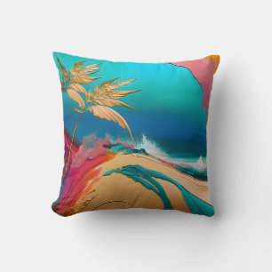 Vibrant Abstract Tropical Beach Scene Throw Pillow