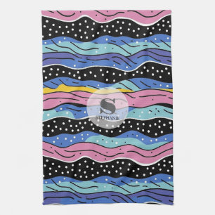 Vibrant Abstract Wavy Lines with Polka Dots Kitchen Towel