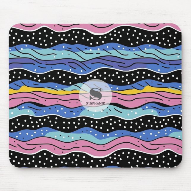Vibrant Abstract Wavy Lines with Polka Dots Mouse Pad (Front)
