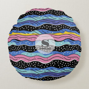 Vibrant Abstract Wavy Lines with Polka Dots Round Pillow