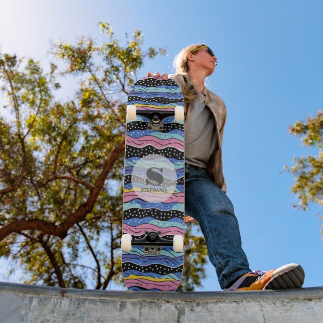 Vibrant Abstract Wavy Lines with Polka Dots Skateboard (Outdoor 1)