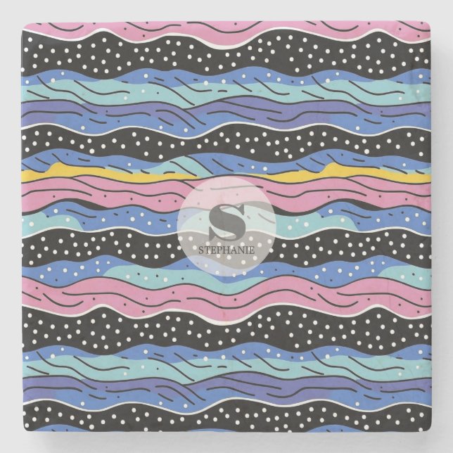 Vibrant Abstract Wavy Lines with Polka Dots Stone Coaster (Front)