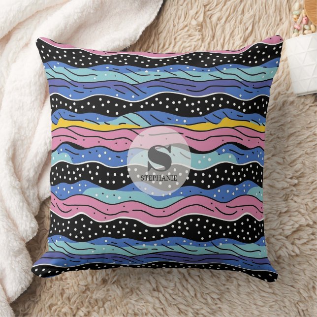 Vibrant Abstract Wavy Lines with Polka Dots Throw Pillow (Blanket)