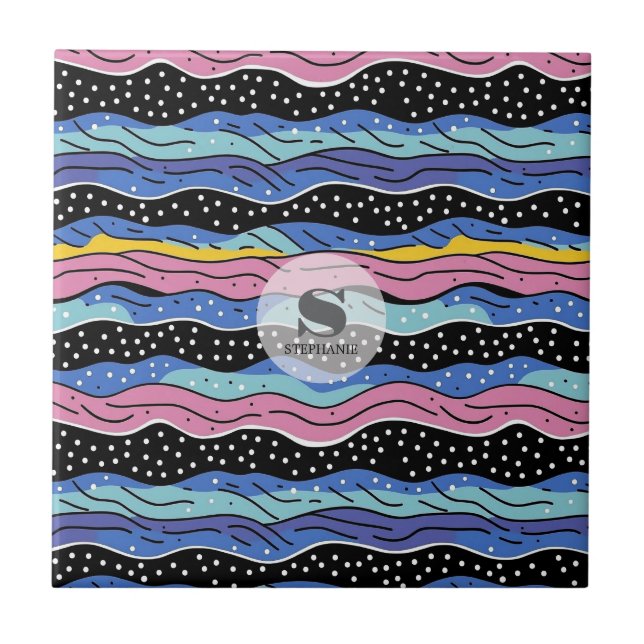 Vibrant Abstract Wavy Lines with Polka Dots Tile (Front)
