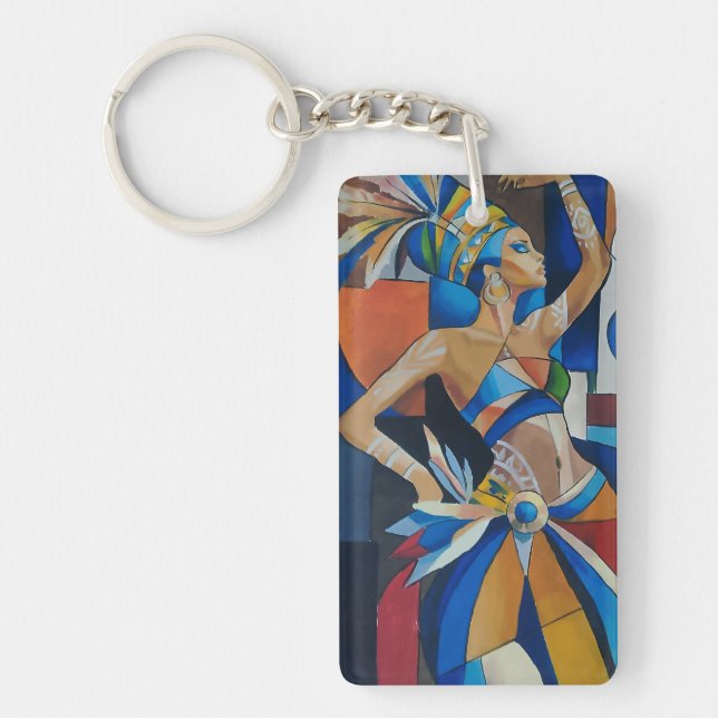 Vibrant African Dancer Cubist Geometric Modern Wal Keychain (Front)