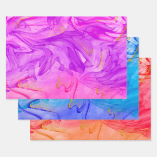 Vibrant Alcohol Ink Swirls Marble and Gold Glitter Wrapping Paper Sheet