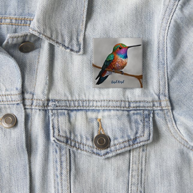 Vibrant Allen’s Hummingbird Painting 2 Inch Square Button (In Situ)