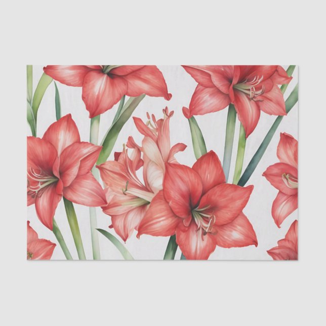 Vibrant Amaryllis Watercolor Pattern in Red Tissue Paper (Front)