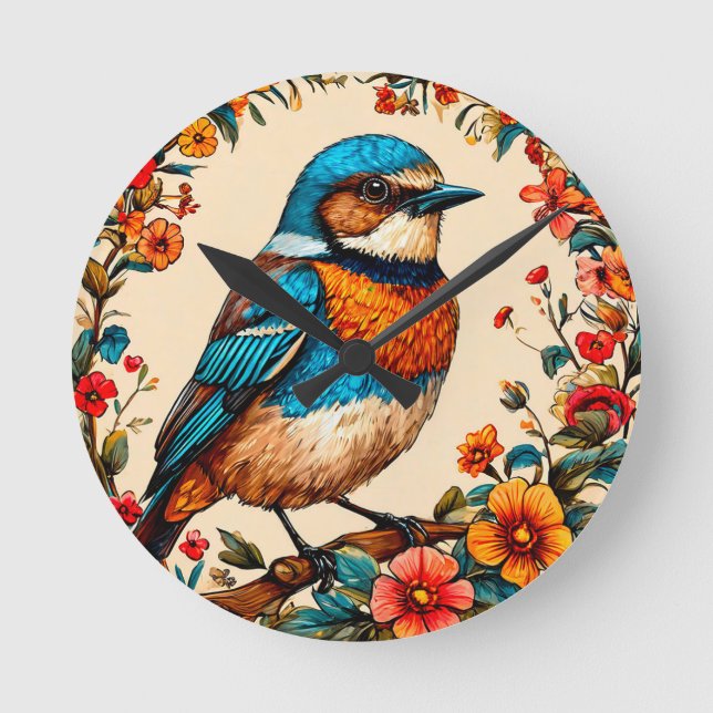 Vibrant and colourful illustration of a bird round clock (Front)