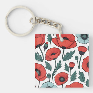 Vibrant and red Poppy Flowers Illustration Pattern Keychain