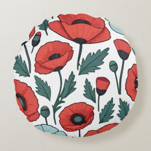 Vibrant and red Poppy Flowers Illustration Pattern Round Pillow