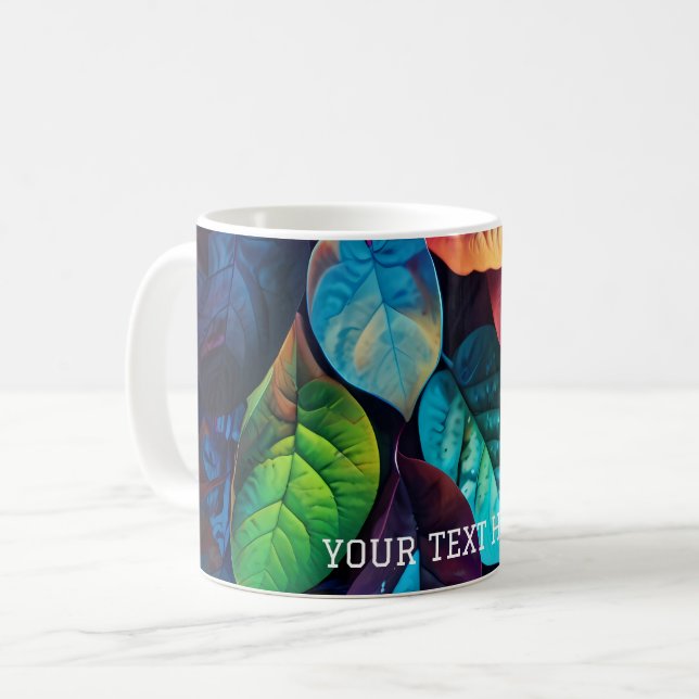 Vibrant and visually striking arrangement of leave coffee mug (Front Left)