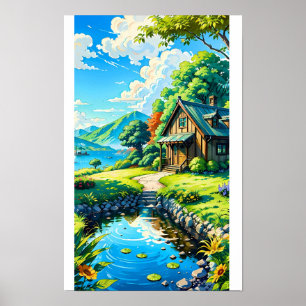 Vibrant Anime Nature Landscape Cabin Stream Poster