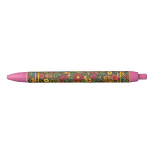 Vibrant Antique Botanical Garden Pattern Black Ink Pen