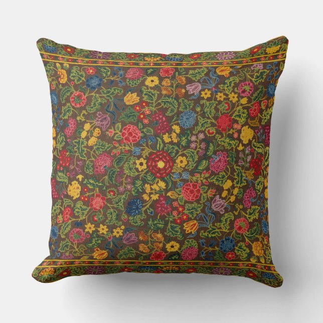 Vibrant Antique Botanical Garden Pattern Throw Pillow (Front)