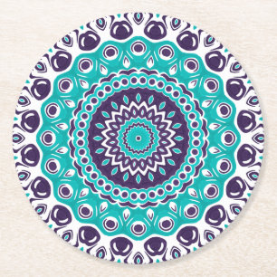 Vibrant Aqua and Plum Mandala Pattern Round Paper Coaster