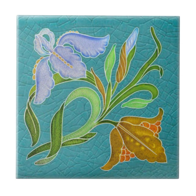 Vibrant  Art Nouveau Iris Floral Antique Repro Tile (Front)