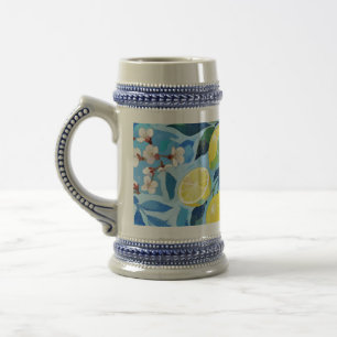 Vibrant art of blue lemon flowers beer stein