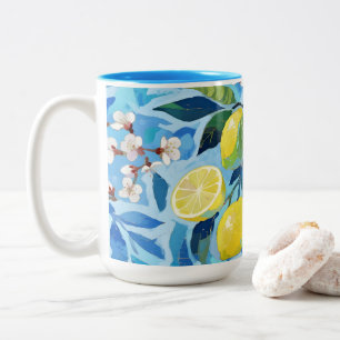 Vibrant art of blue lemon flowers Two-Tone coffee mug
