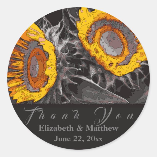 Vibrant Artsy Yellow Sunflowers Charcoal Abstract Classic Round Sticker (Front)