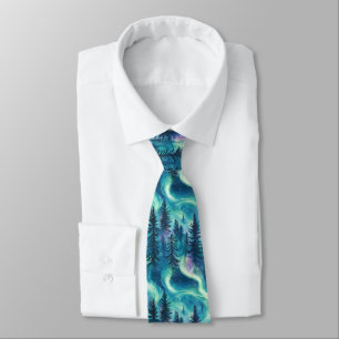Vibrant Aurora Borealis Pine Forest Night Sky Tie