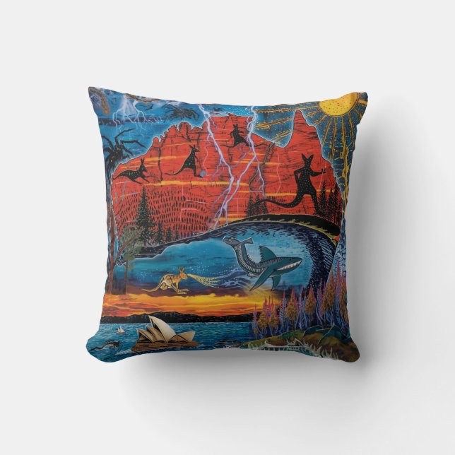 Vibrant Australian Icons and Landmarks Map Throw Pillow (Front)