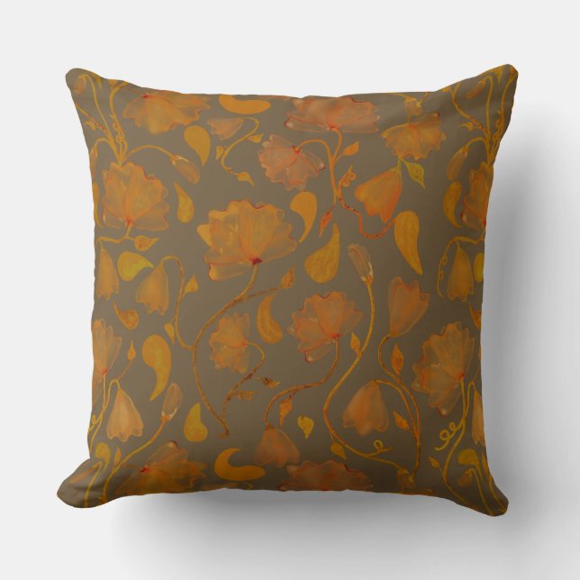 Vibrant Autumn floral in orange and brown Throw Pillow (Front)