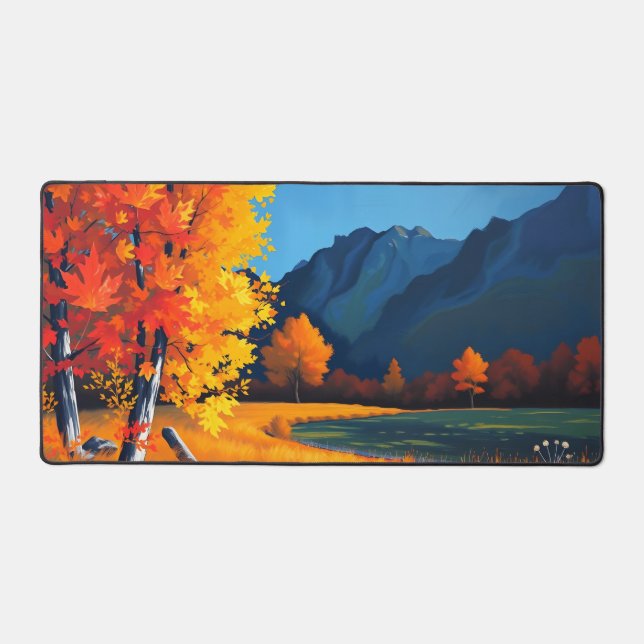 Vibrant Autumn Forest Desk Mat with Blue Mountain  (Front)