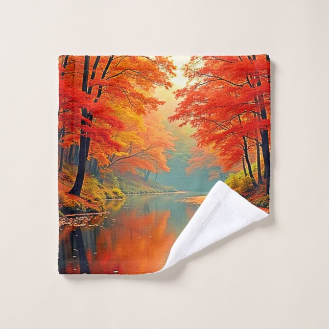Vibrant Autumn Forest River Bath Towel Set (Wash Cloth)