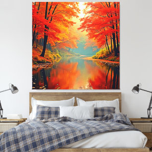 Vibrant Autumn Forest River Canvas Print
