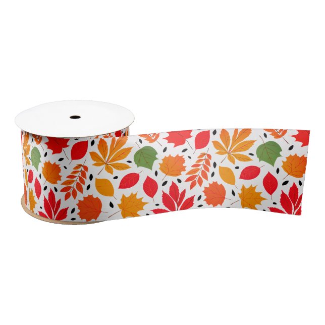 Vibrant Autumn Leaves Multi-Coloured Pattern Satin Ribbon (Spool)