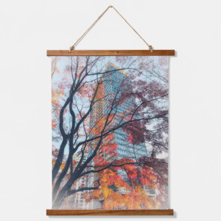 Vibrant Autumn Maple Tree and Skyscraper Hanging Tapestry